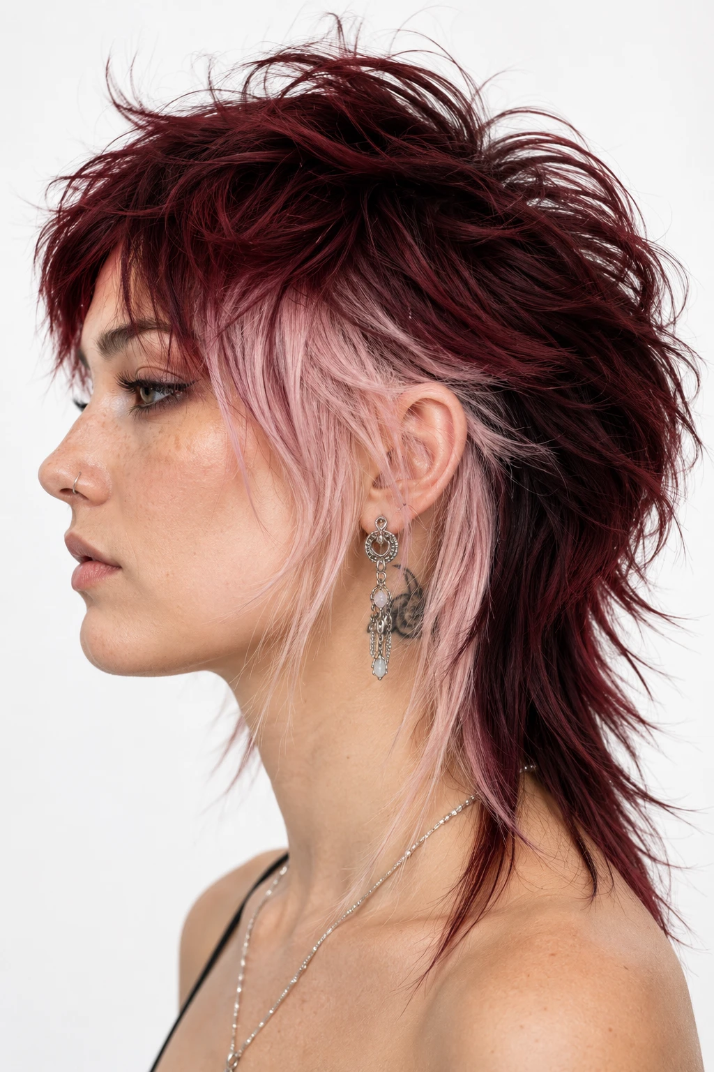 Burgundy and Pink Two Tone Shaggy Mullet