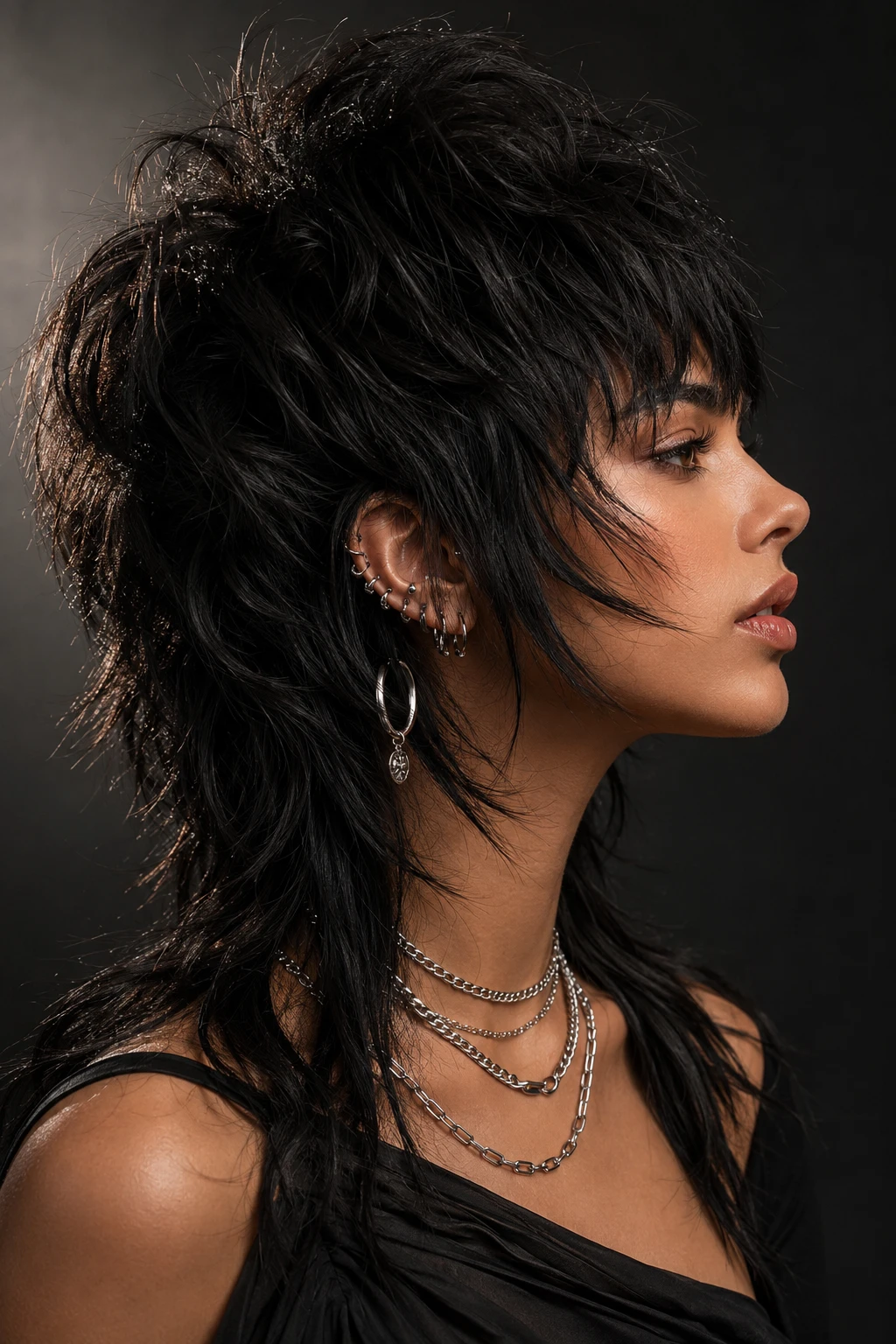 Glossy Black Punk Mullet with Layered Chains