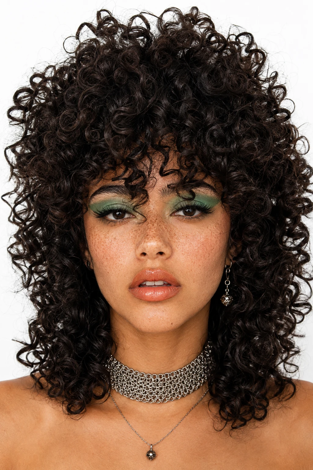 Full Curly Afro Mullet with Green Eyeshadow