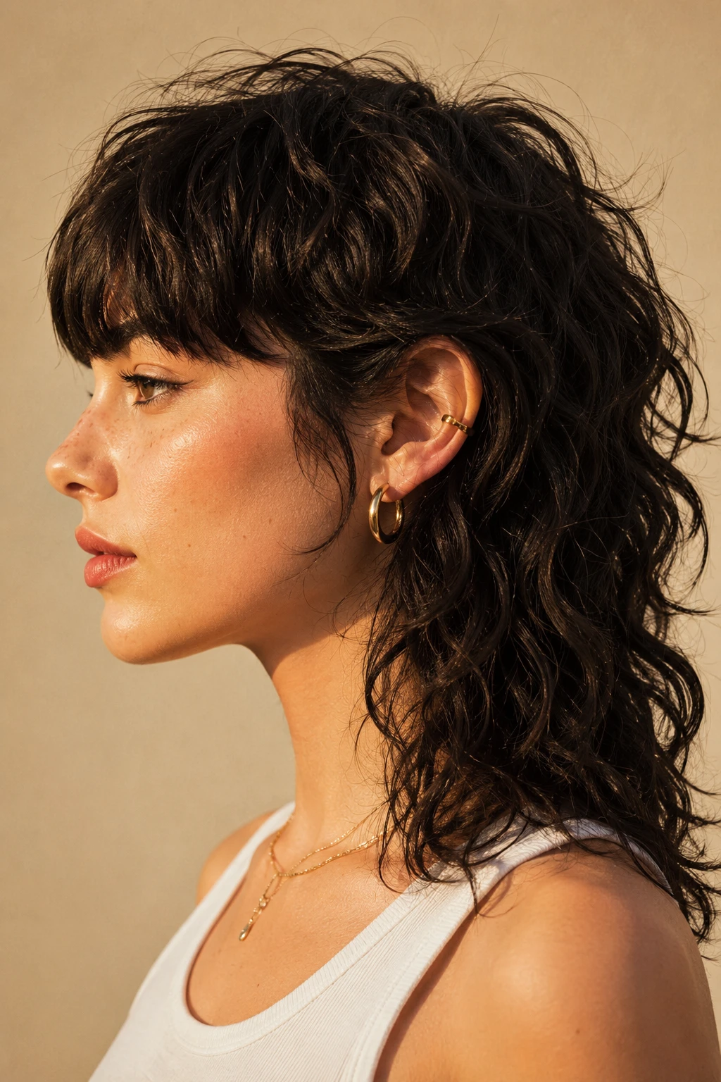 Natural Curly Bangs Mullet in Deep Brunette