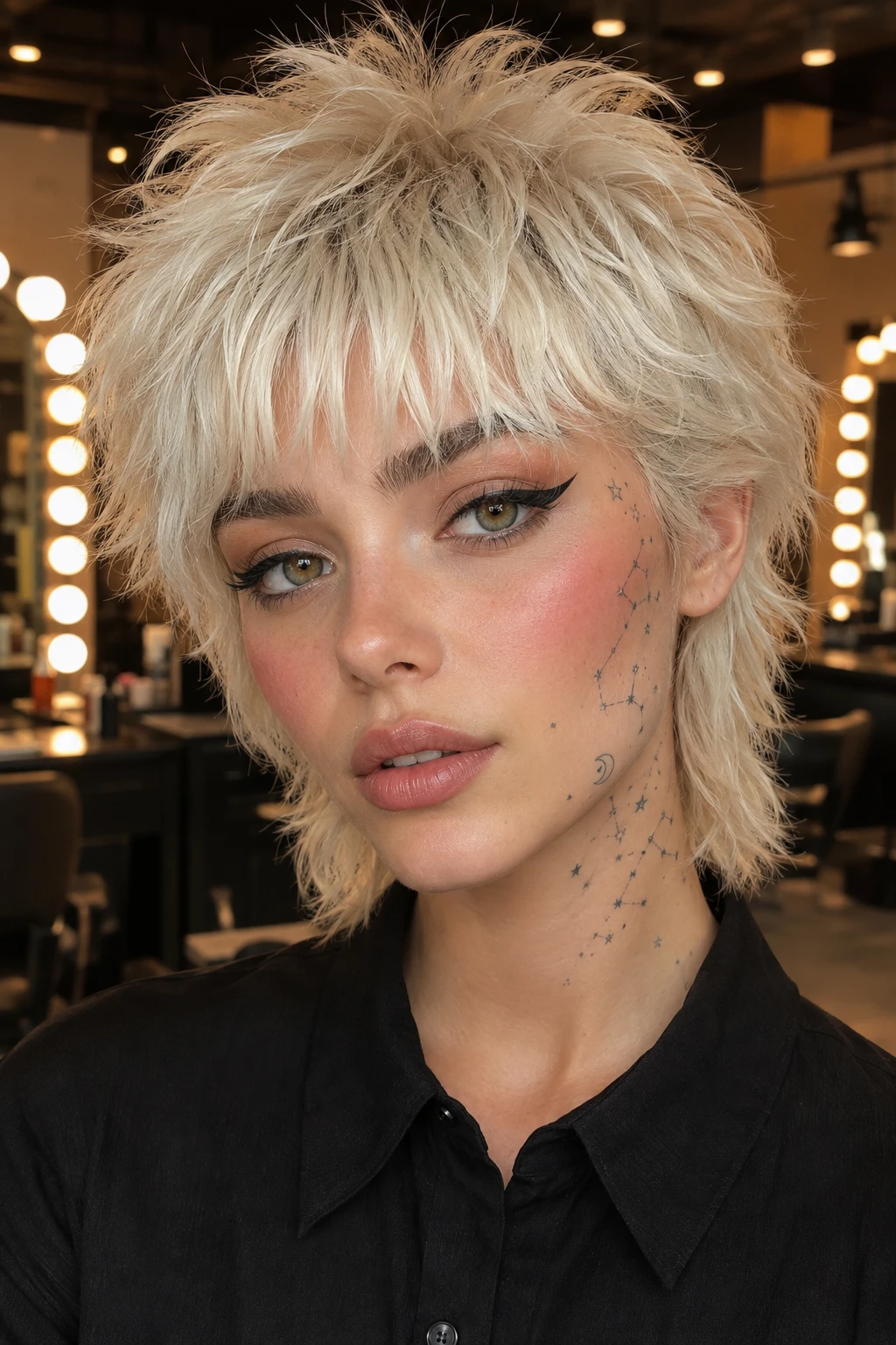 Platinum Blonde Shag Mullet with Constellation Tattoo