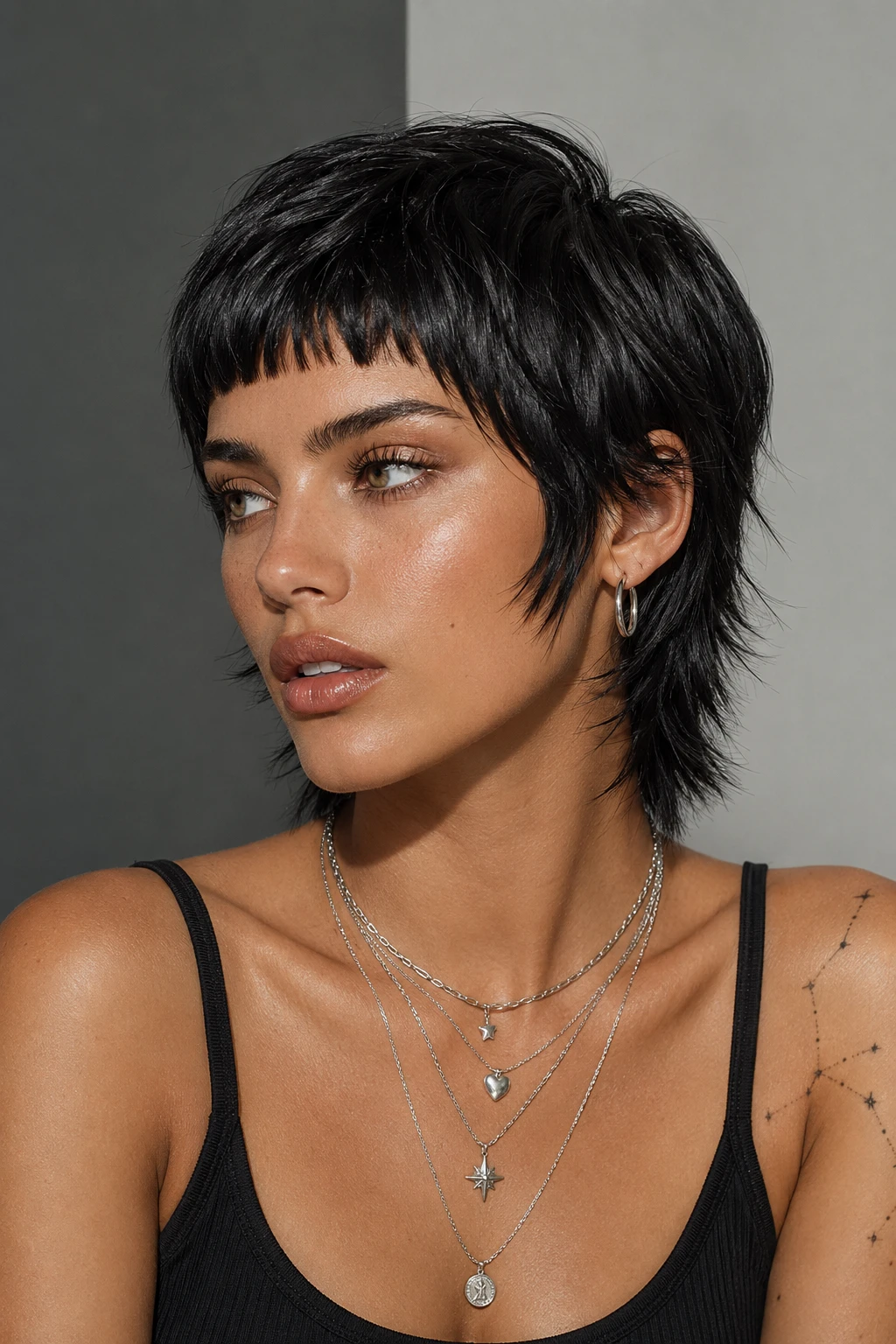 Sleek Jet Black Pixie Mullet with Blunt Bangs