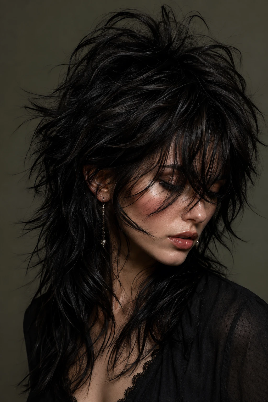 Dramatic Jet Black Feathered Shag Mullet