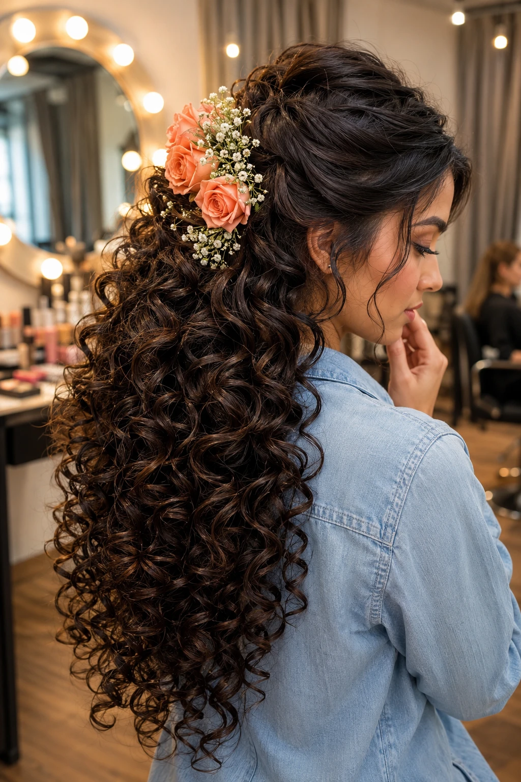 Half Up Cascading Curls with Rose and Baby's Breath