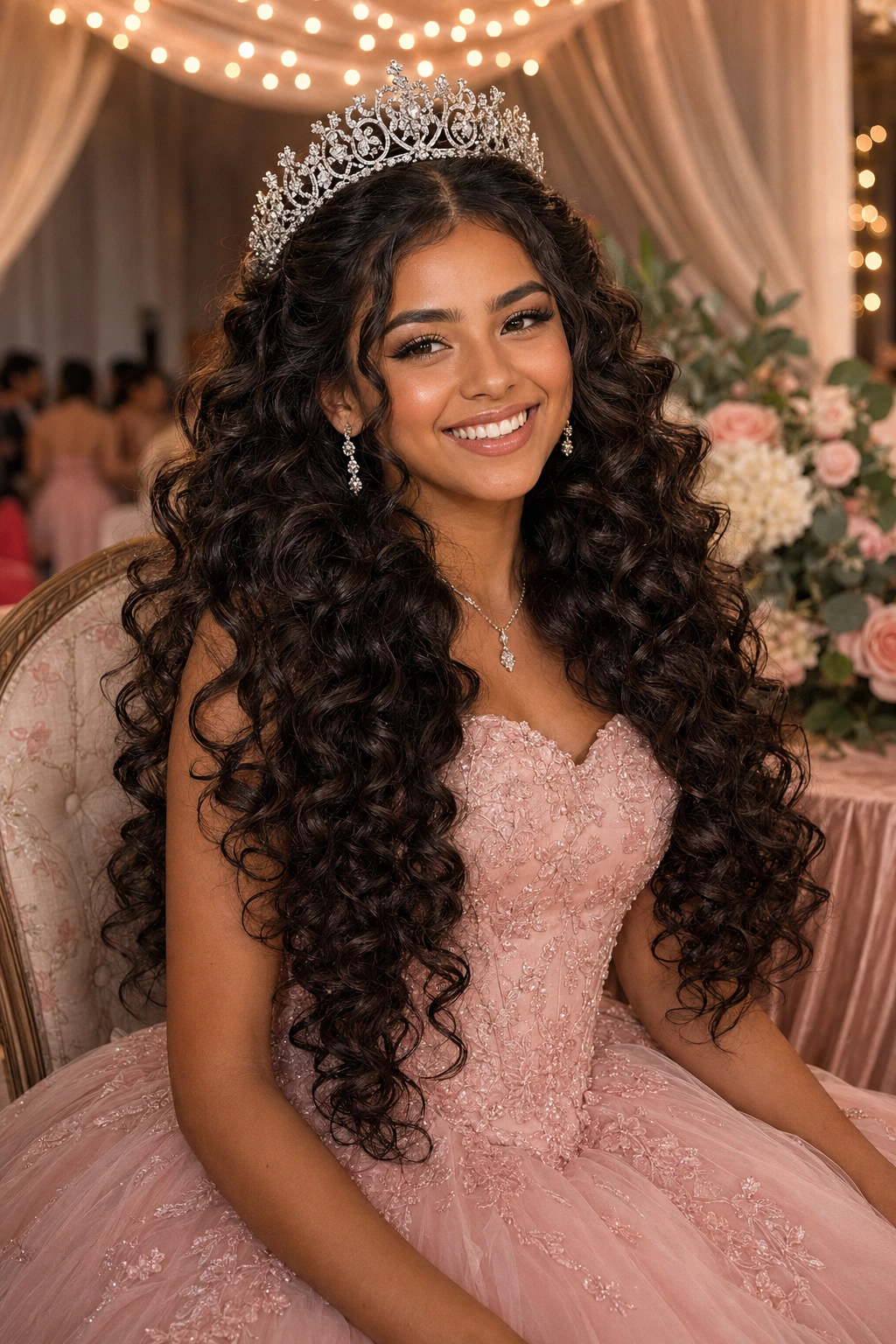 Full Voluminous Curls with Crystal Tiara