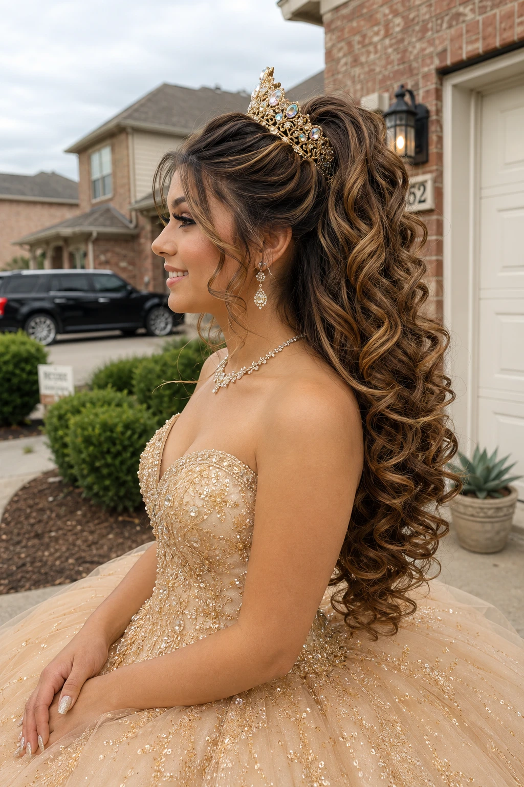 High Ponytail with Curled Highlights and Tiara