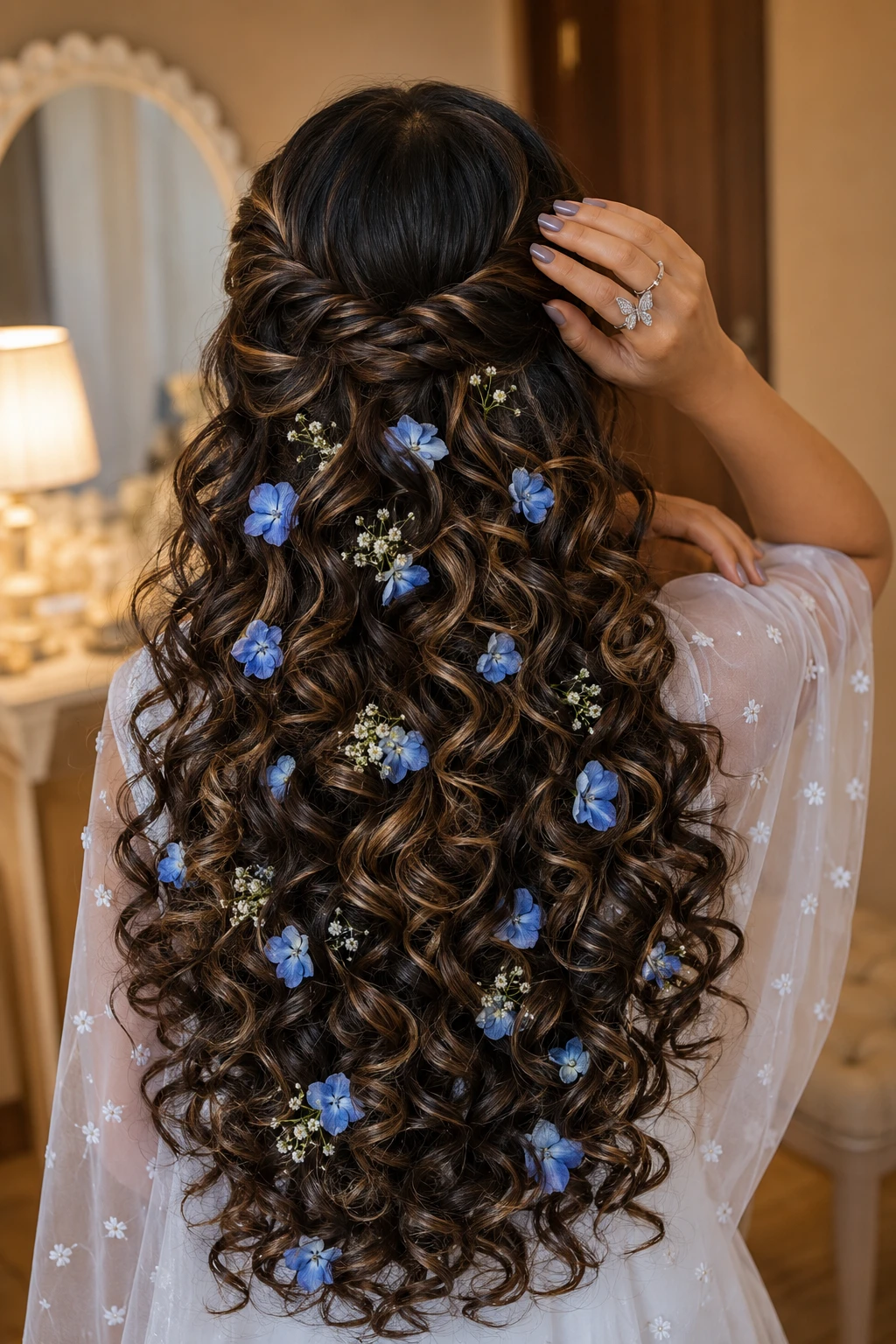 Twisted Half Up with Scattered Blue Flowers