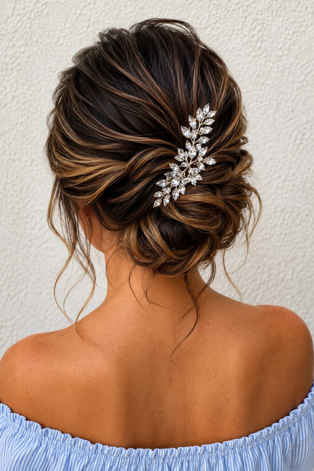 Textured Low Bun with Crystal Leaf Comb