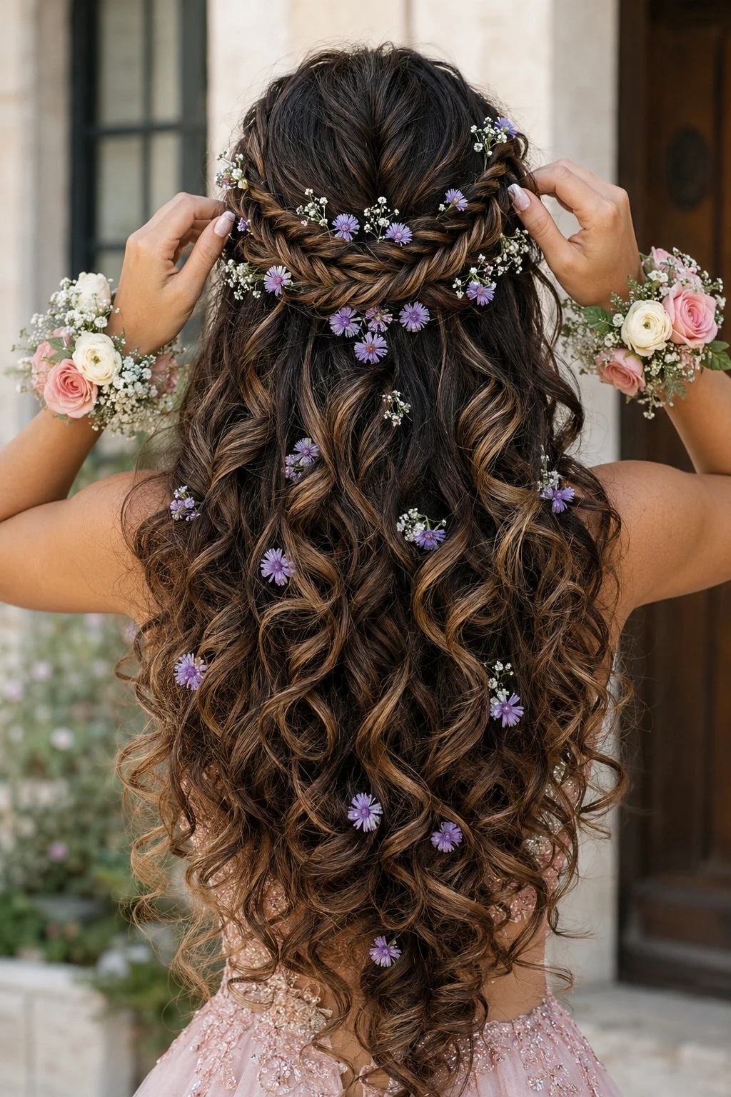Crossed Braid Crown with Purple Wildflowers