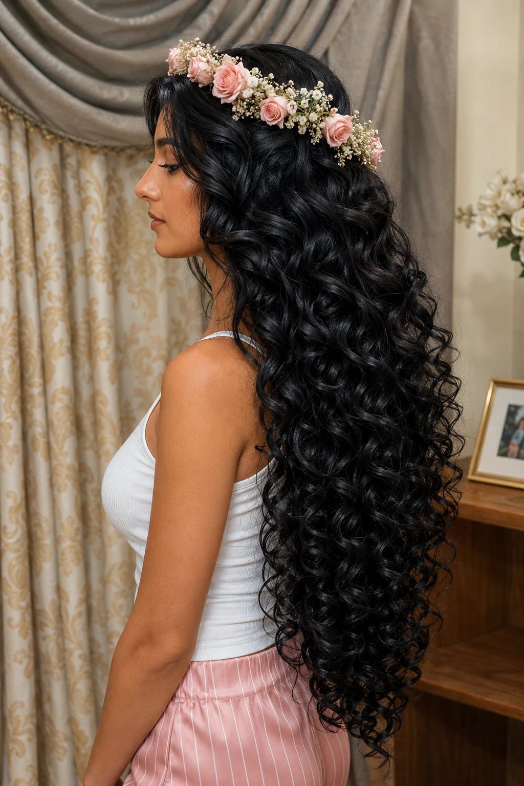 Voluminous Curls with Pink Rose Flower Crown