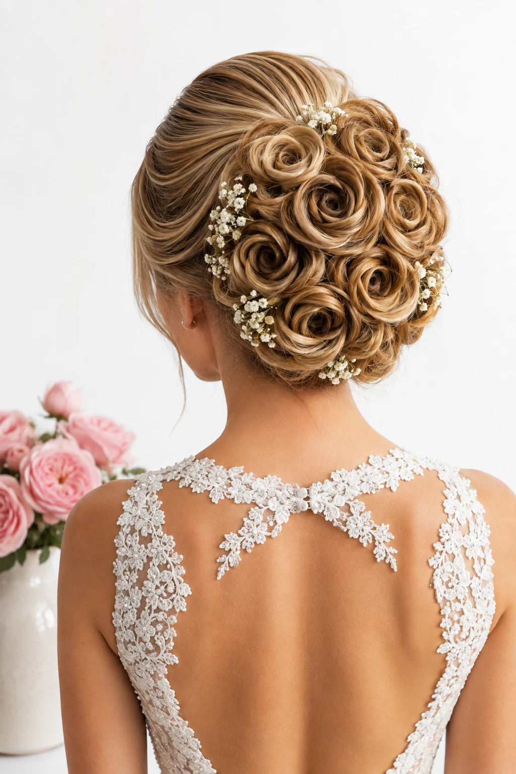  Rose Swirl Bun with Baby's Breath Accents