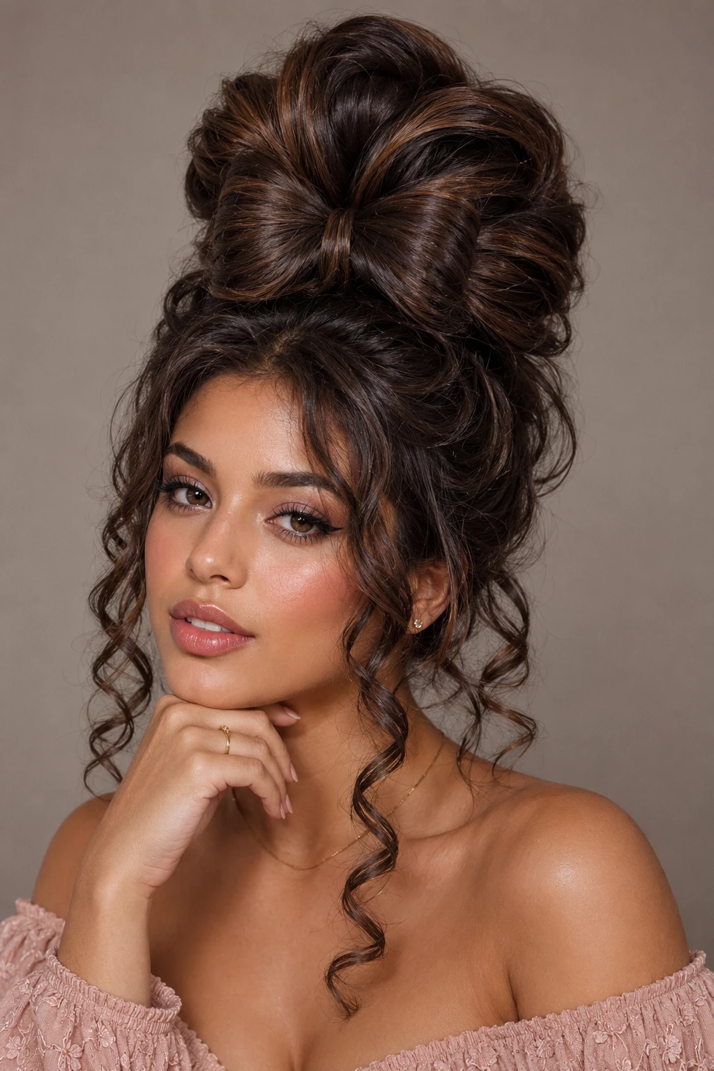 High Bow Bun with Loose Face Framing Curls