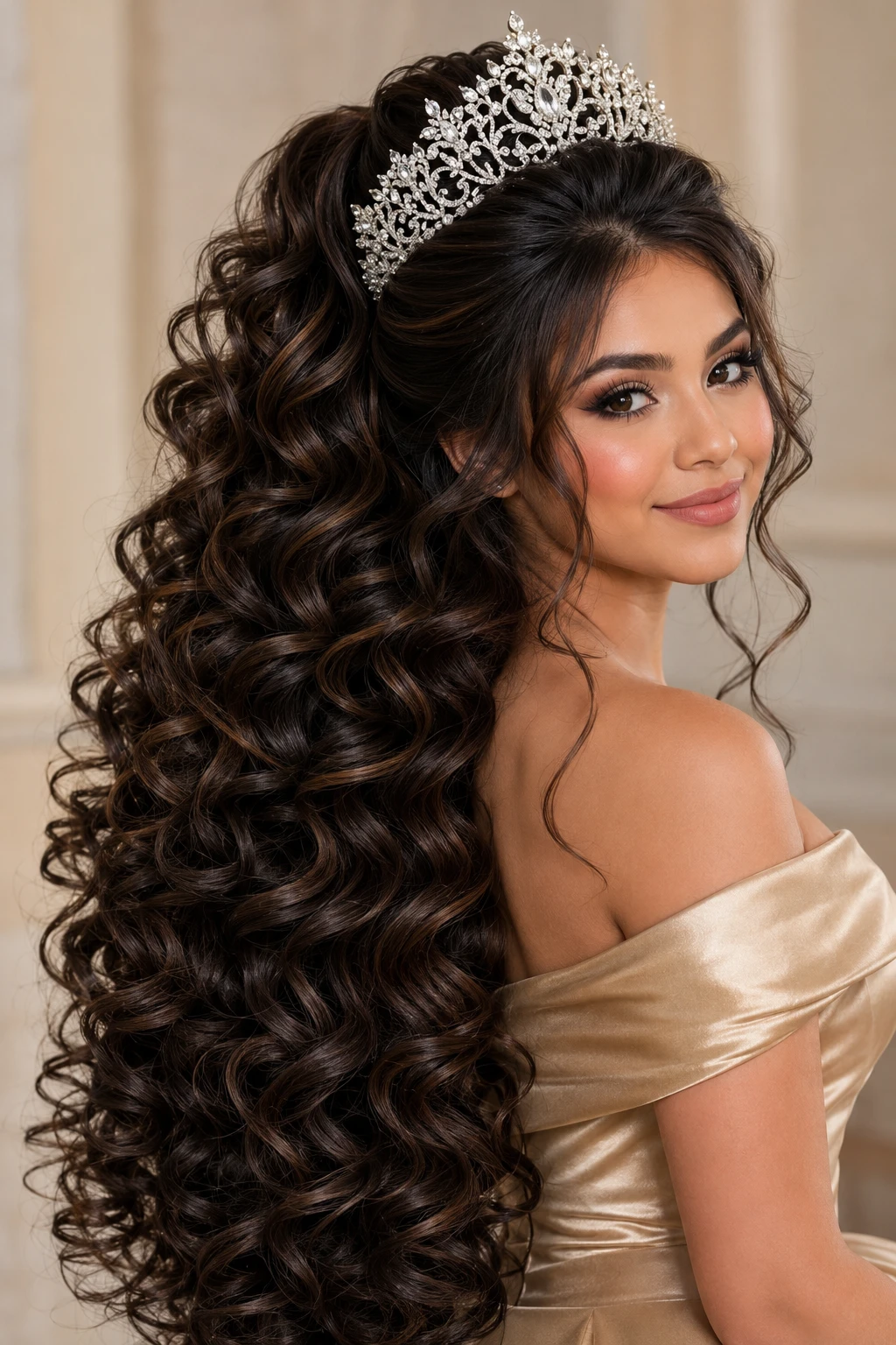 Full Curls with Statement Crystal Tiara