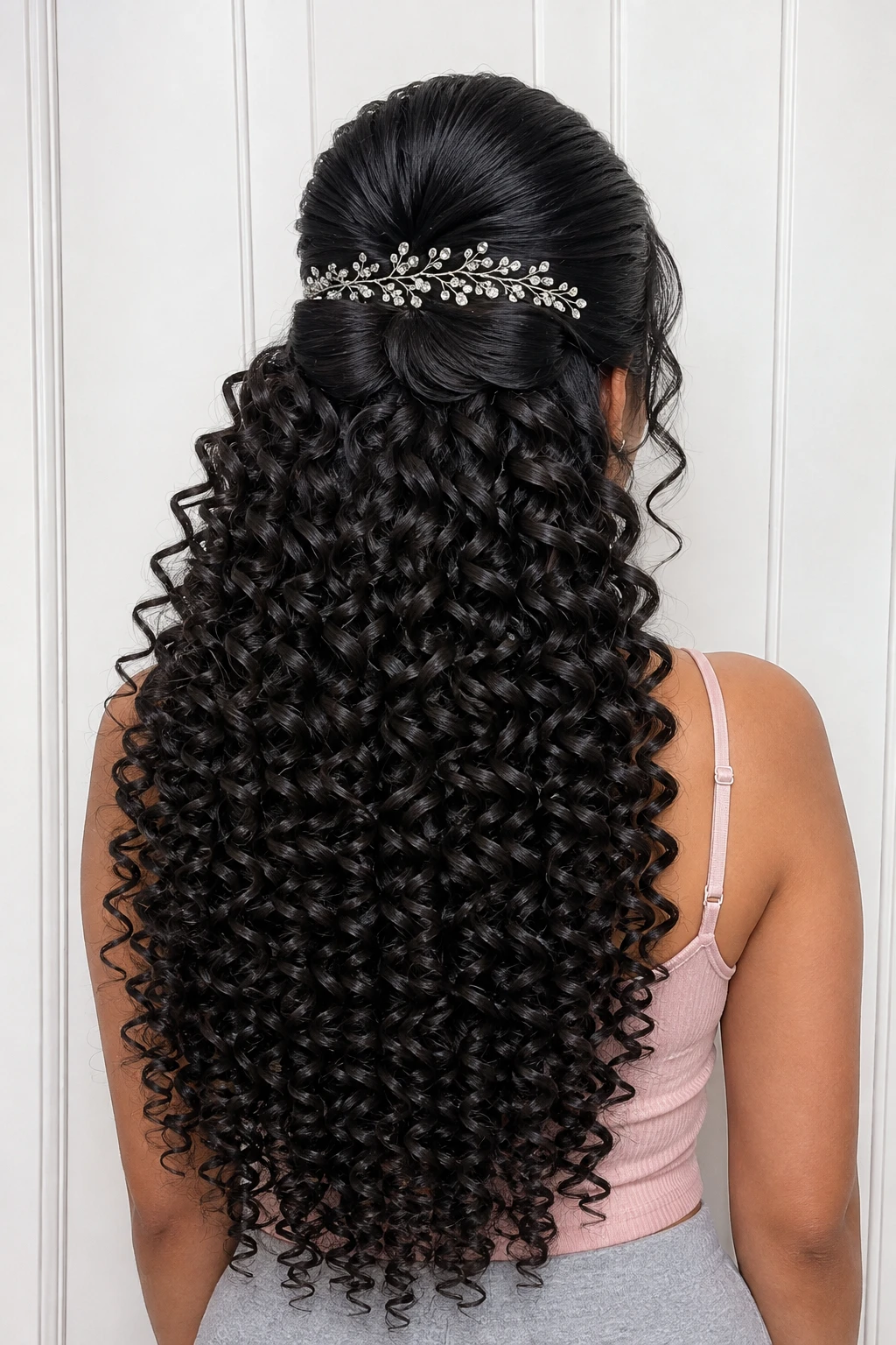 Sleek Half Bow with Crystal Vine Pin and Curls