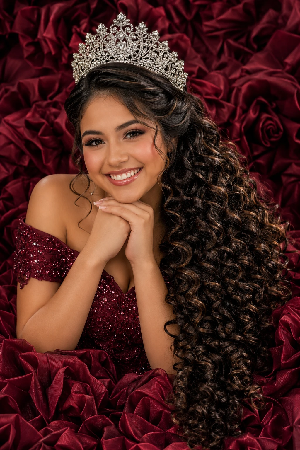 Cascading Curls with Jeweled Crown