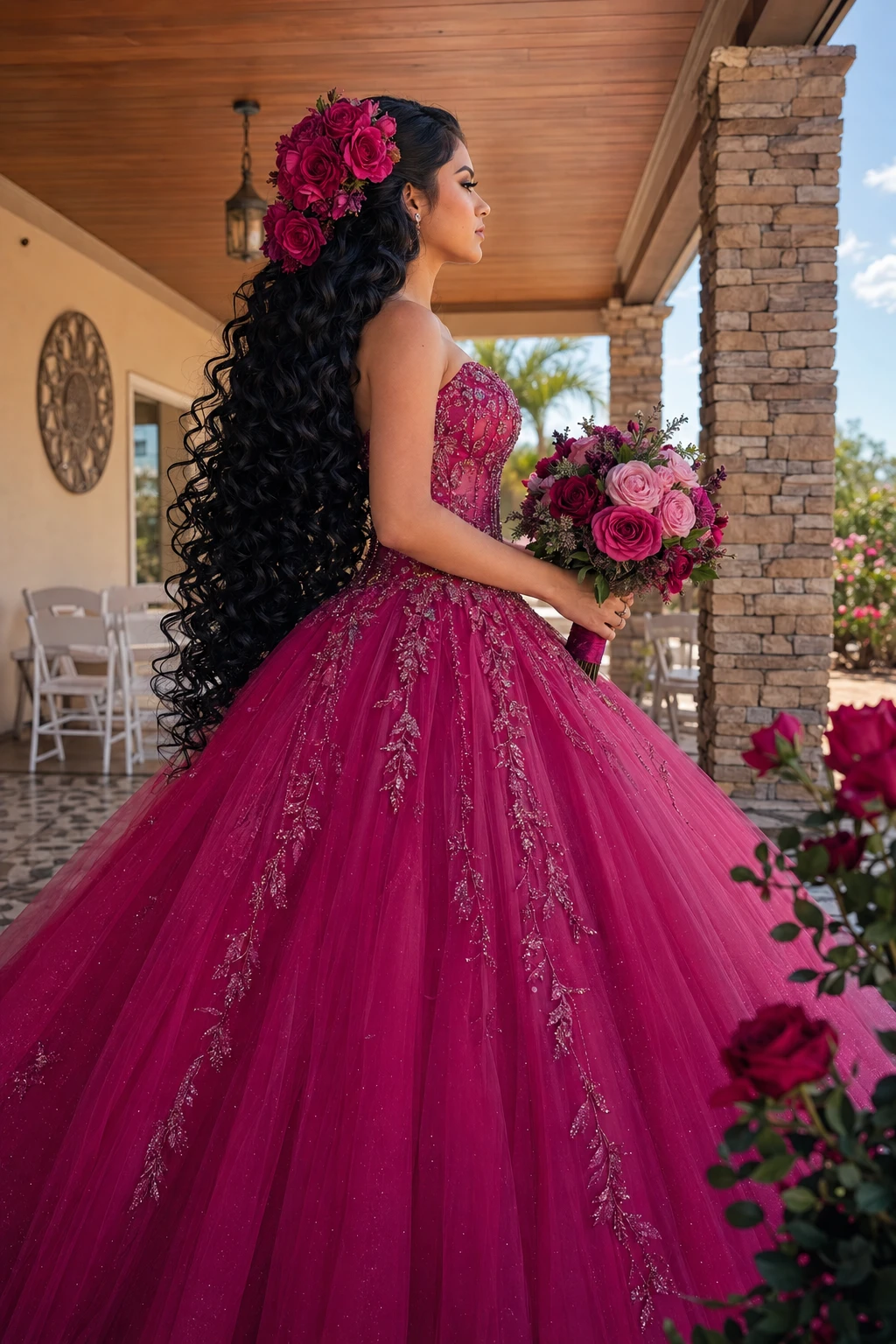 Sleek Curls with Magenta Rose Hairpiece