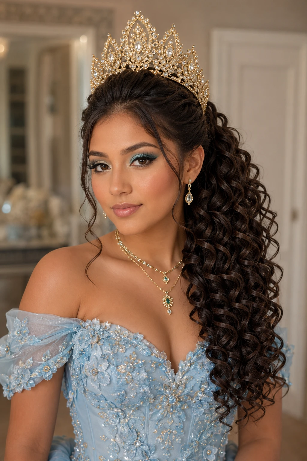 Half Up Curls with Golden Crystal Crown