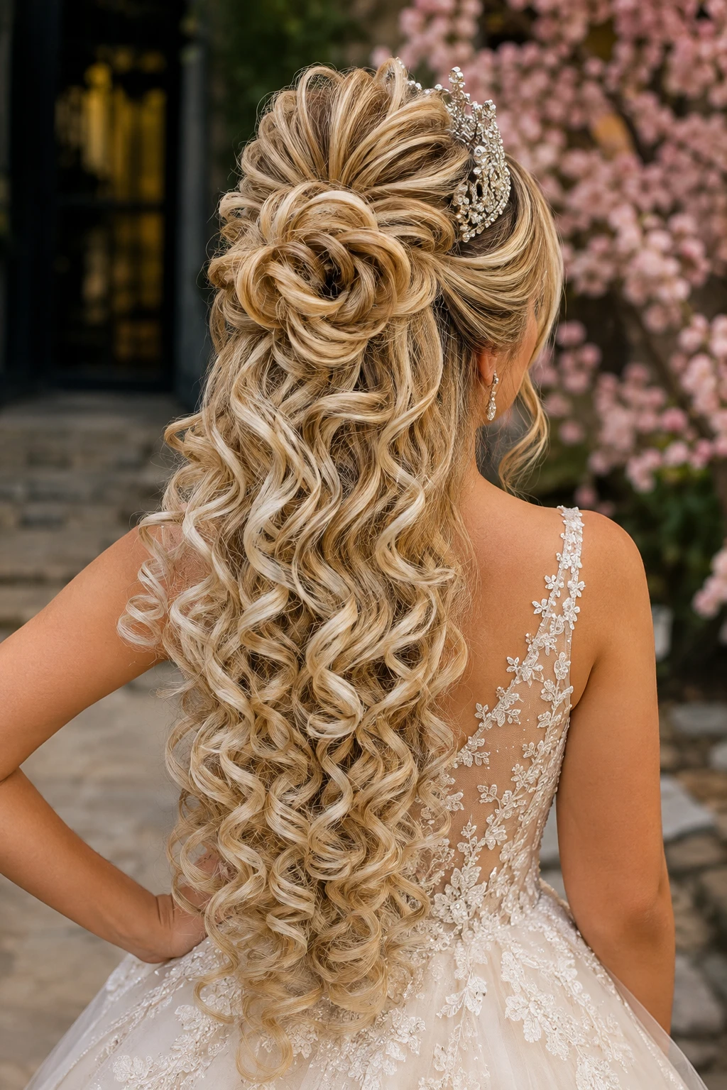 Rose Swirl Half Up with Tiara and Cascading Curls