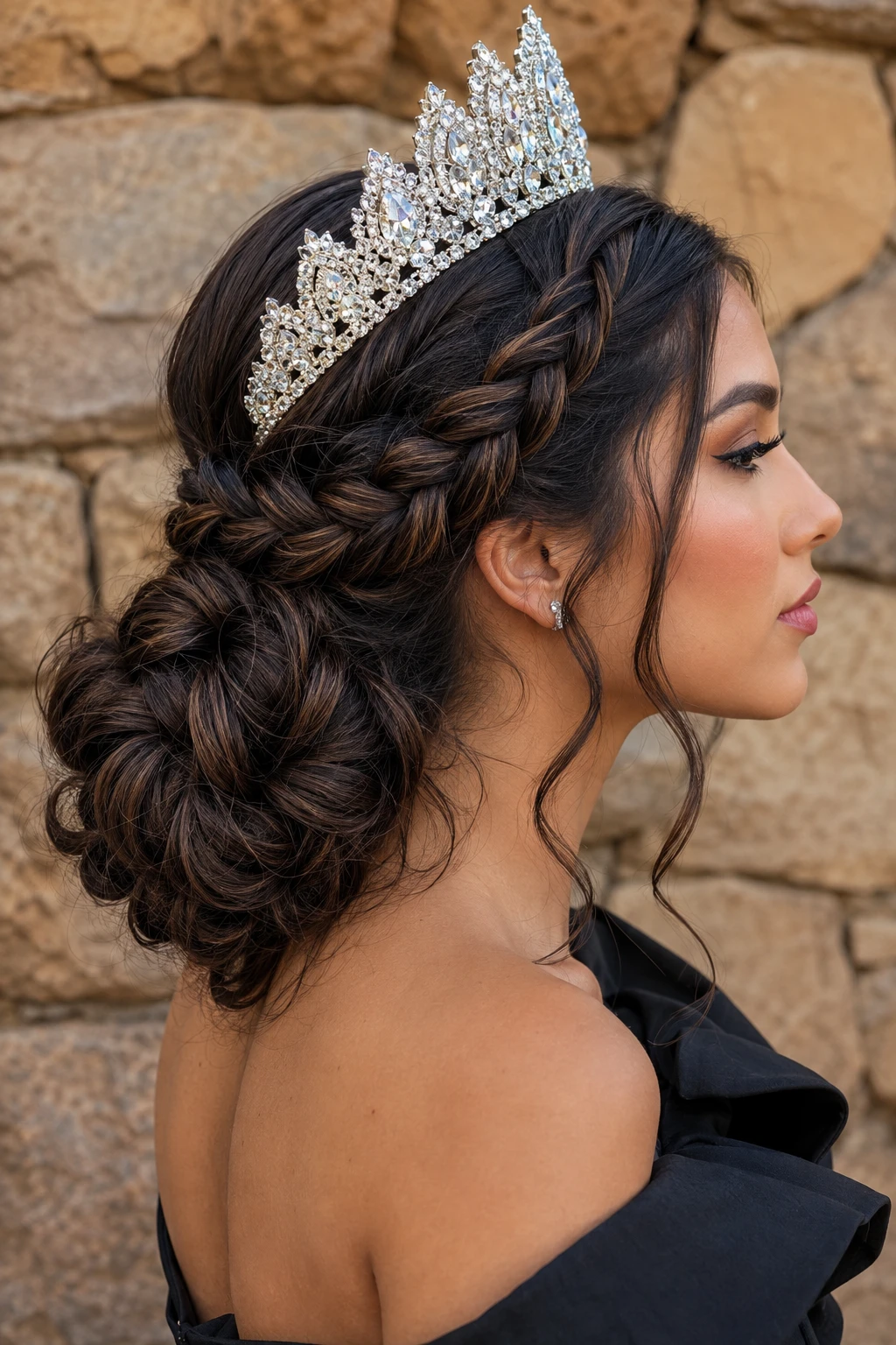 23. Braided Low Bun with Statement Crown