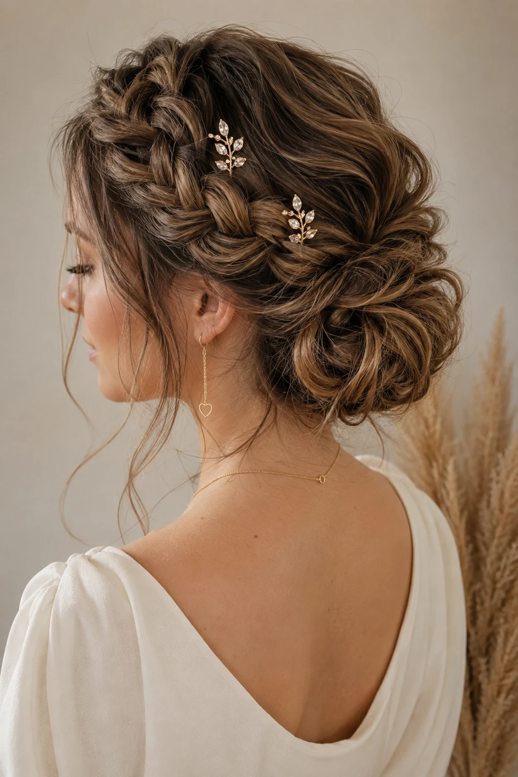 Braided Textured Updo with Gold Leaf Pins