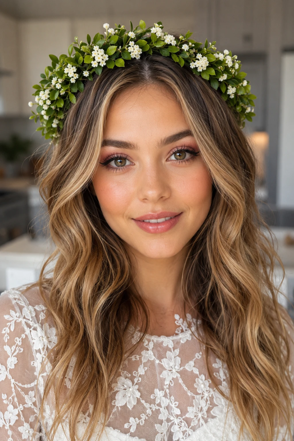 Loose Beach Waves with Greenery Flower Crown
