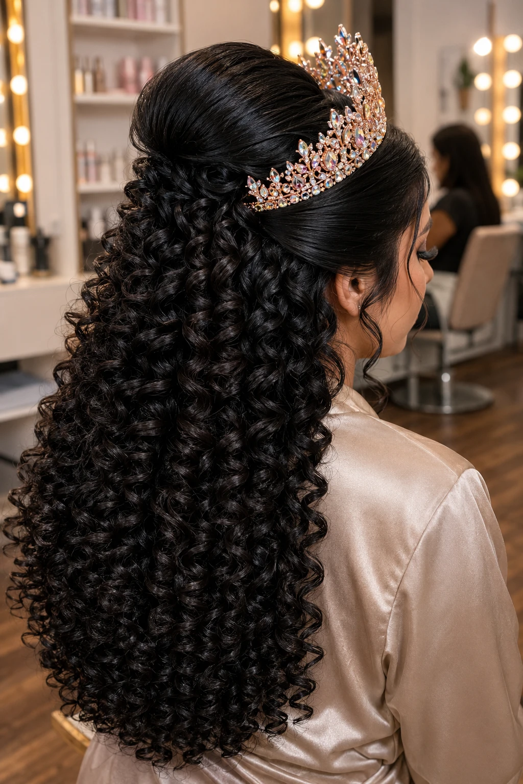 Sleek Half Up with Iridescent Crown and Dense Curls