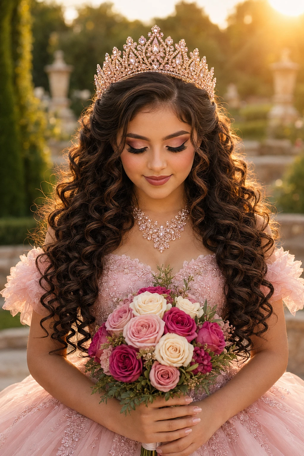Full Voluminous Curls with Rose Gold Tiara