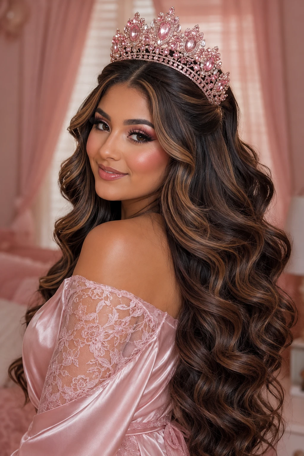 Loose Waves with Pink Crystal Tiara