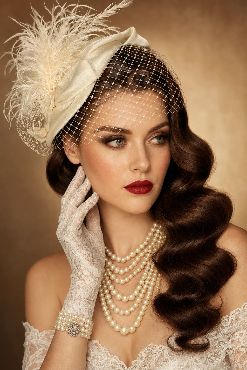 Long Hollywood Waves with Feathered Fascinator