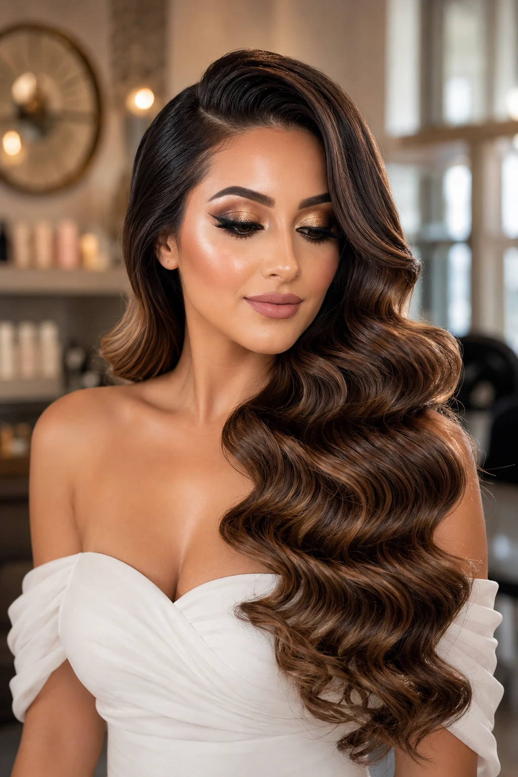 Side Swept Hollywood Waves with Deep Side Part