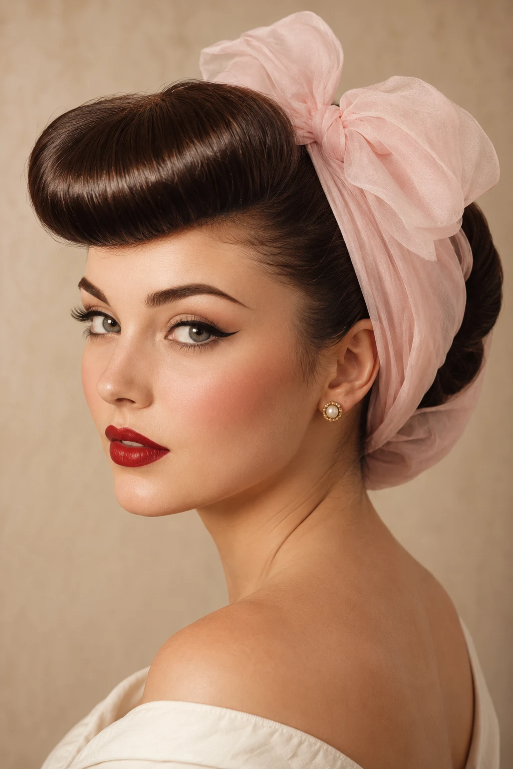Rolled Bangs Updo with Chiffon Scarf
