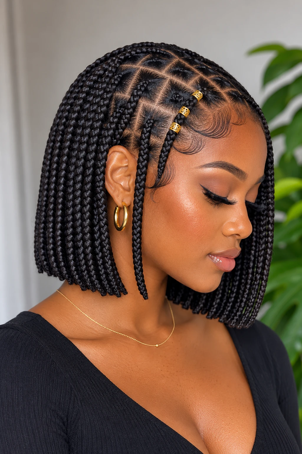 Bob Length Box Braids with Gold Cuffs