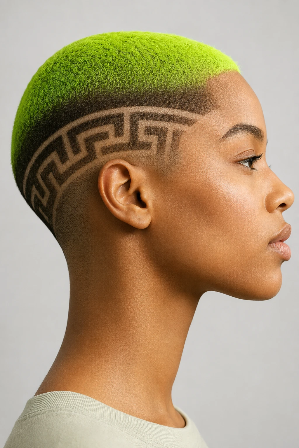 Neon Green Buzz Cut with Geometric Hair Tattoo