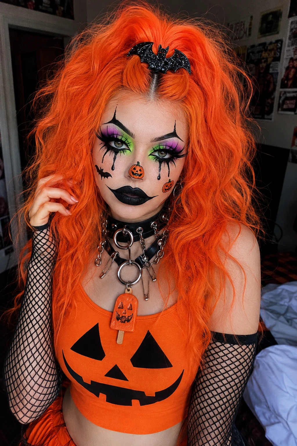 Neon Orange Half-Up Bat Clip Hairstyle