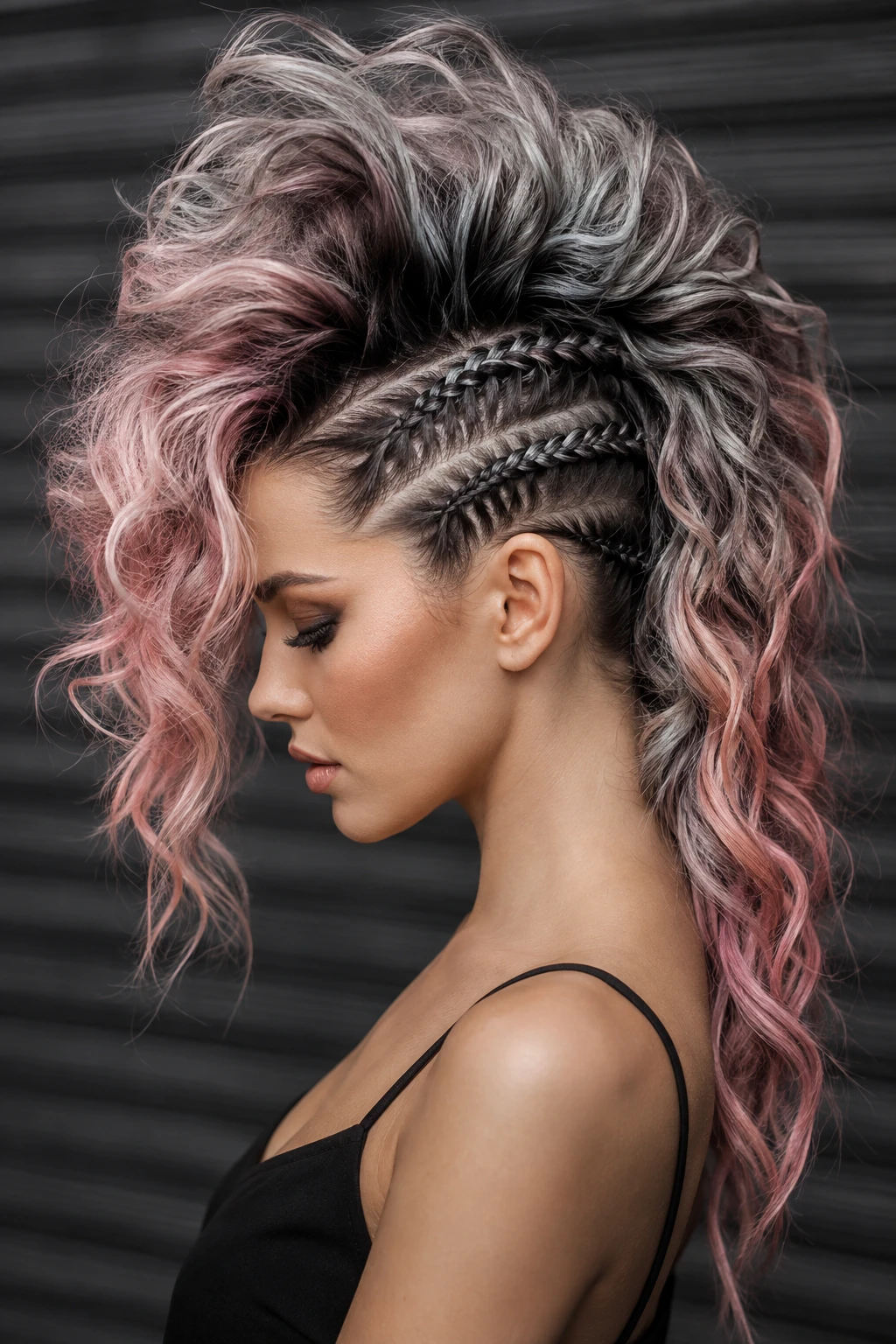 Braided Faux Hawk with Pink Ombre Curls