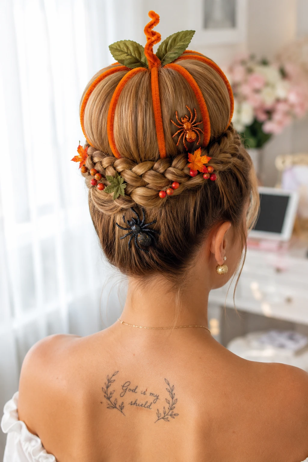 Braided Pumpkin Bun with Spider Accents