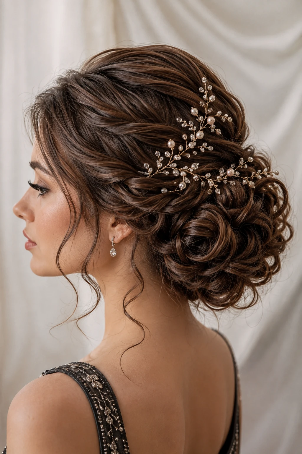 Braided Rose Bun with Pearl Vine Accent