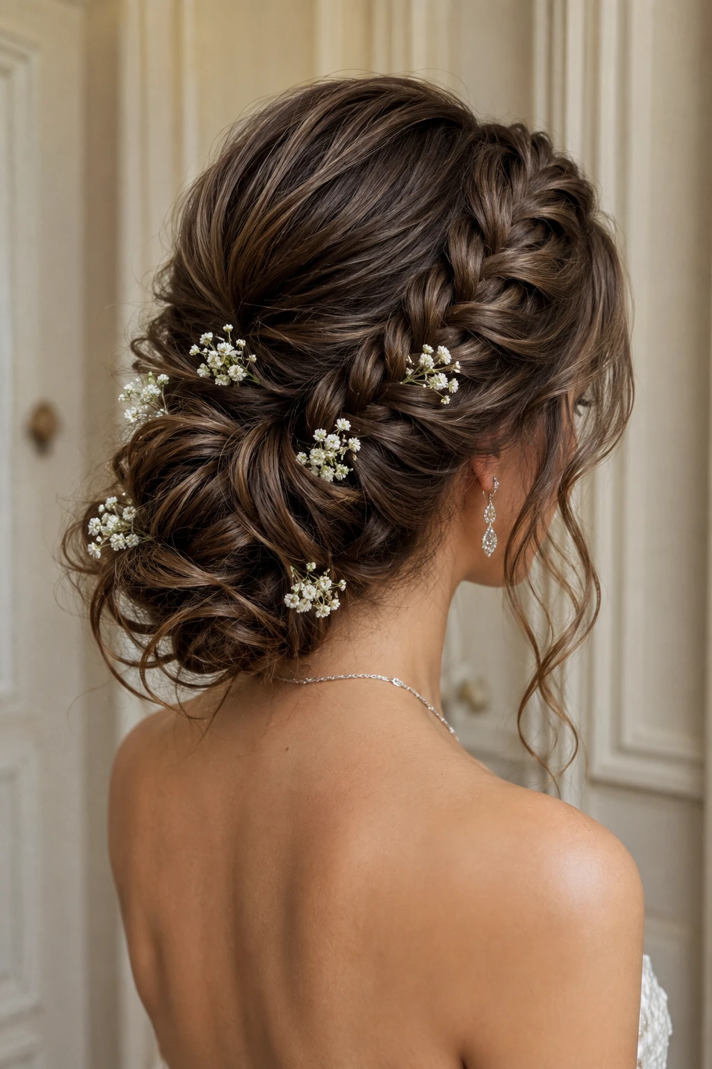 French Braided Bun with Baby's Breath Flowers