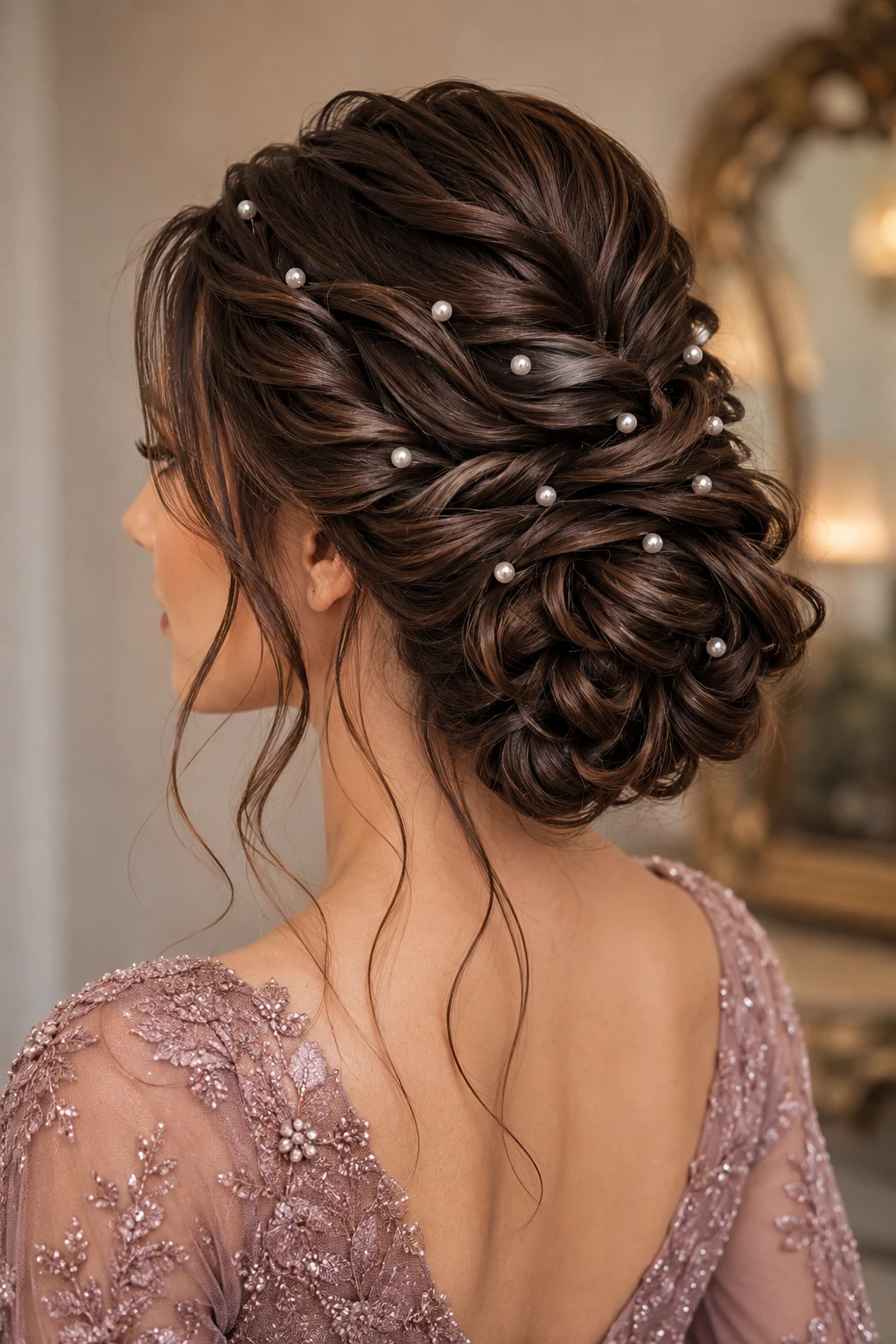 Twisted Rope Bun with Scattered Pearls