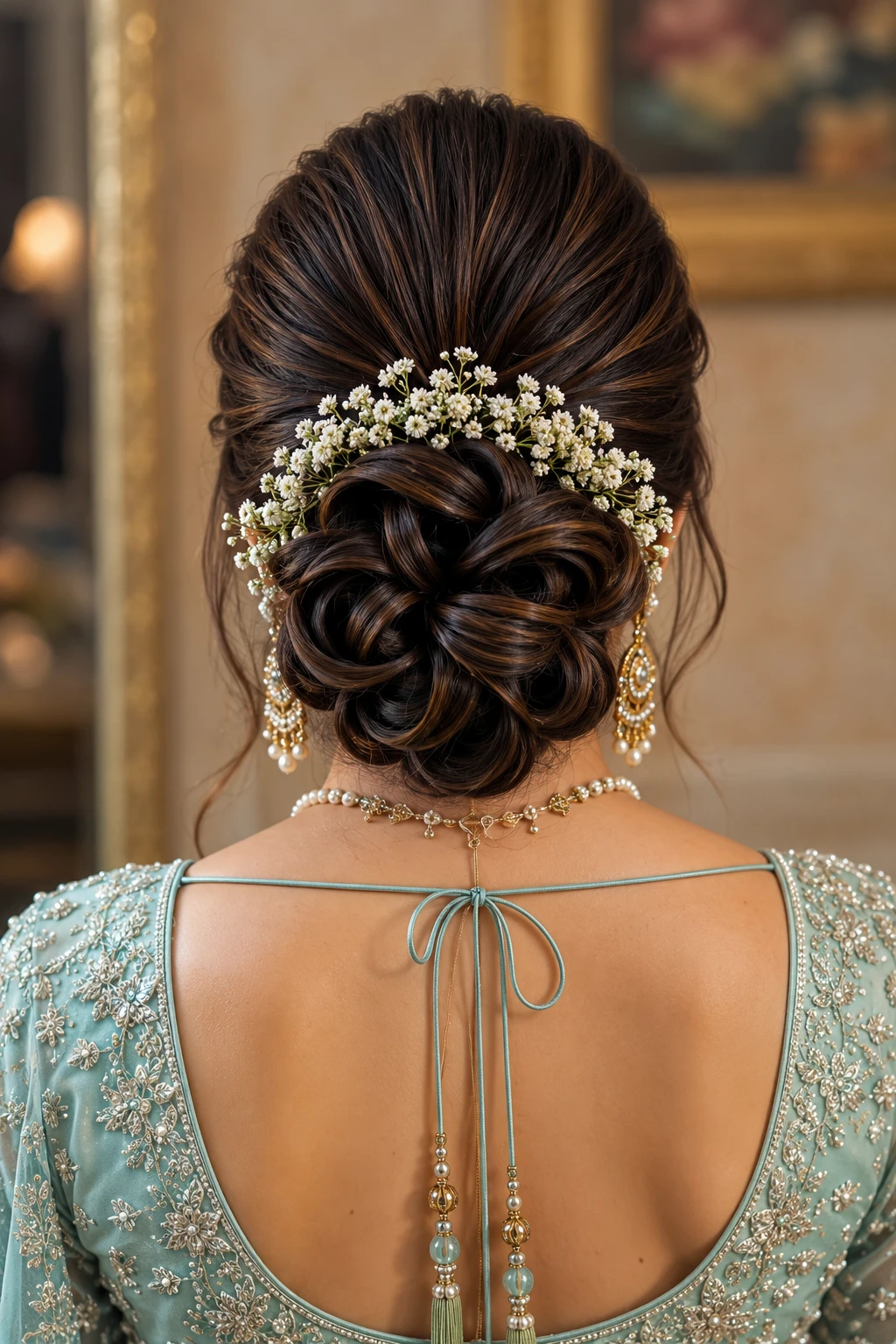 Sleek Flower Knot Bun with Baby's Breath