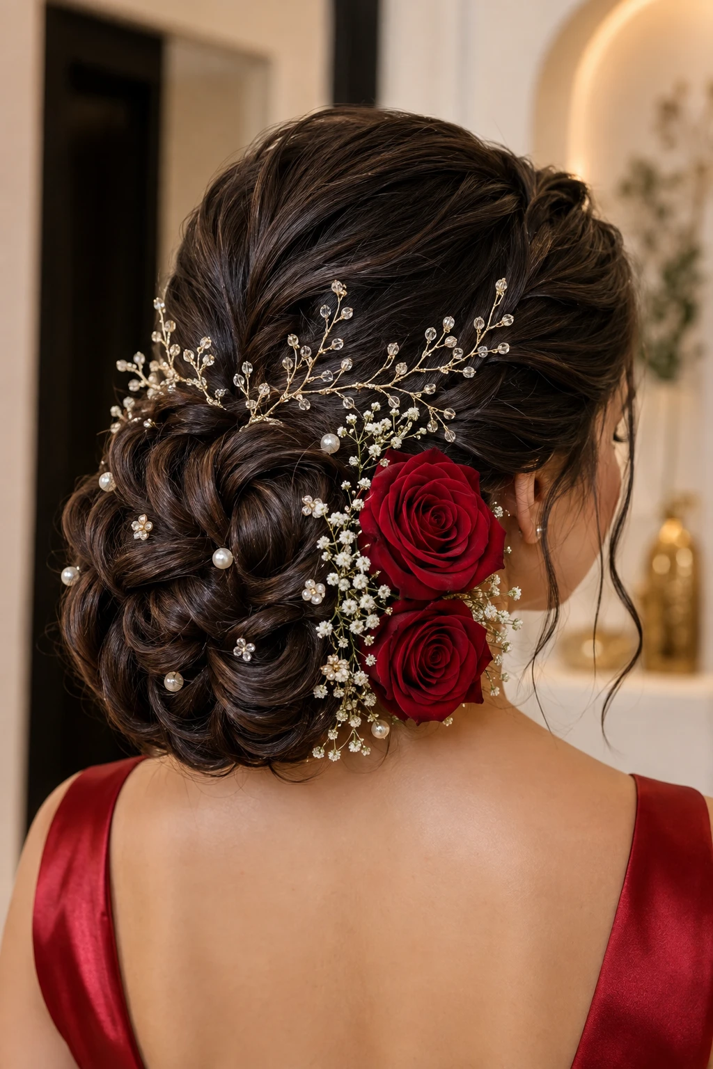 Woven Braided Bun with Red Roses and Pearls