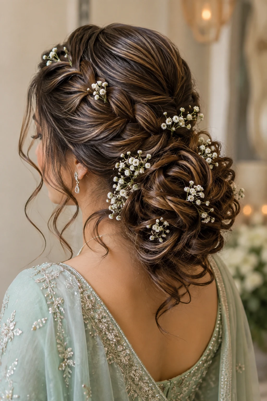 French Braided Curly Bun with Baby's Breath