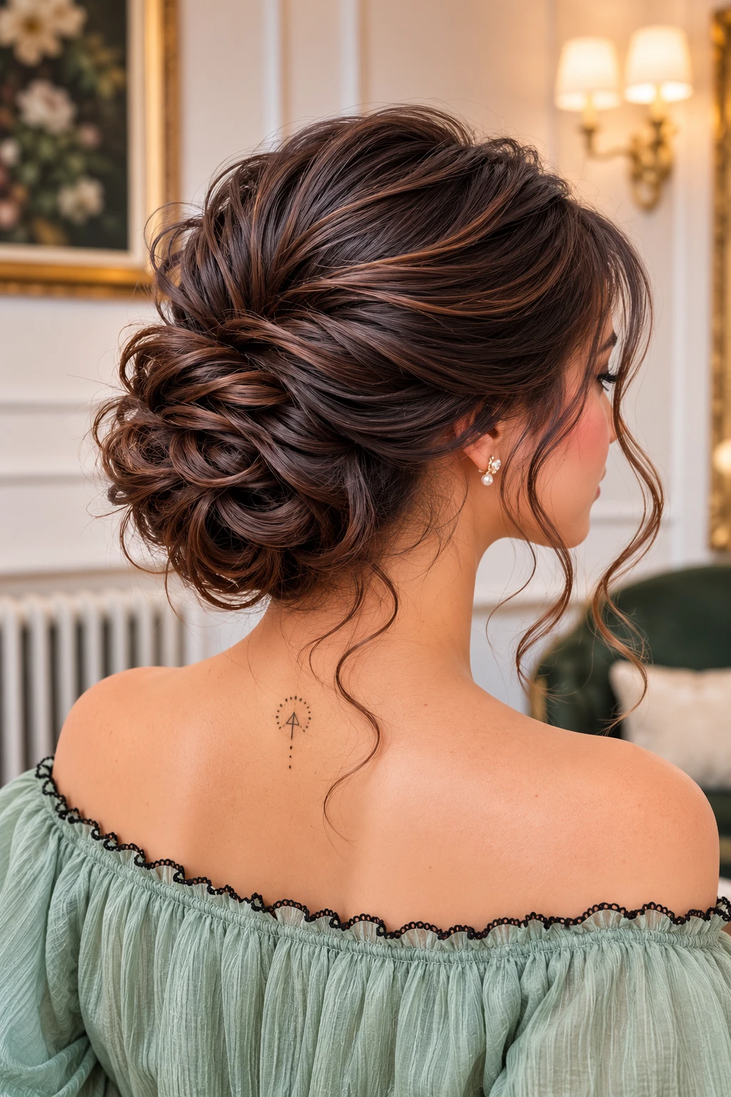 Textured Low Bun with Loose Curled Strands
