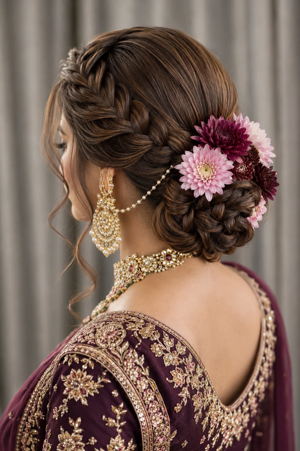 French Braided Bun with Chrysanthemum Flowers