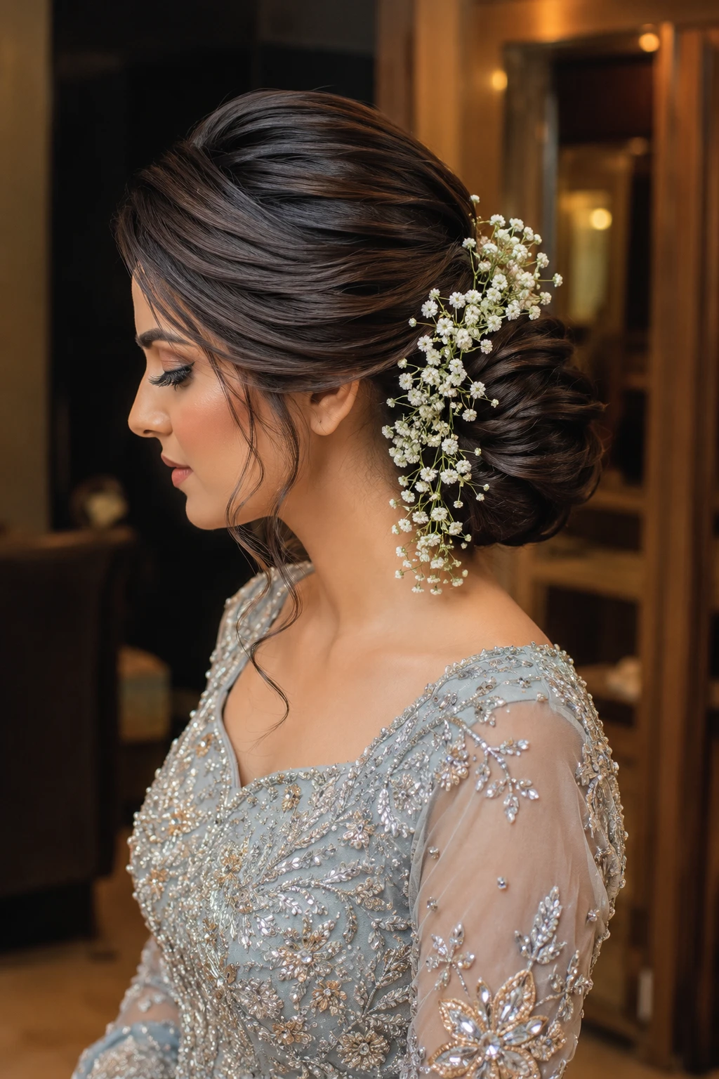 Sleek Voluminous Bun with Cascading Baby's Breath