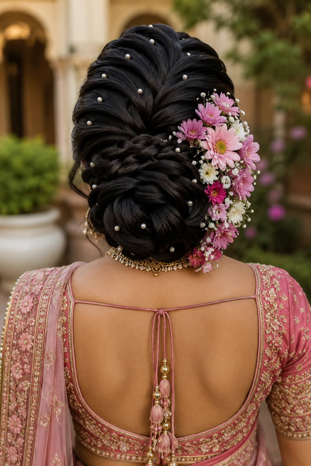 Braided Bun with Pink Daisies and Pearls