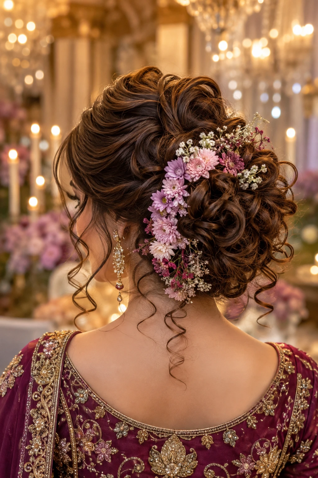 Curly Voluminous Bun with Lavender Flowers