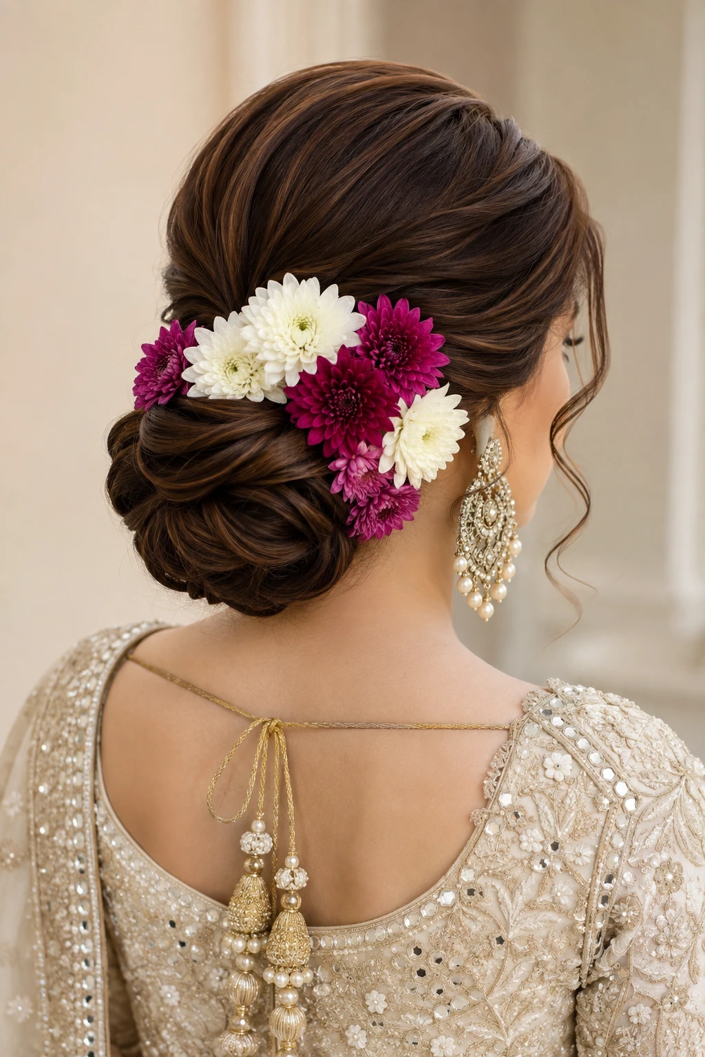 Sleek Twisted Bun with Magenta and White Chrysanthemums