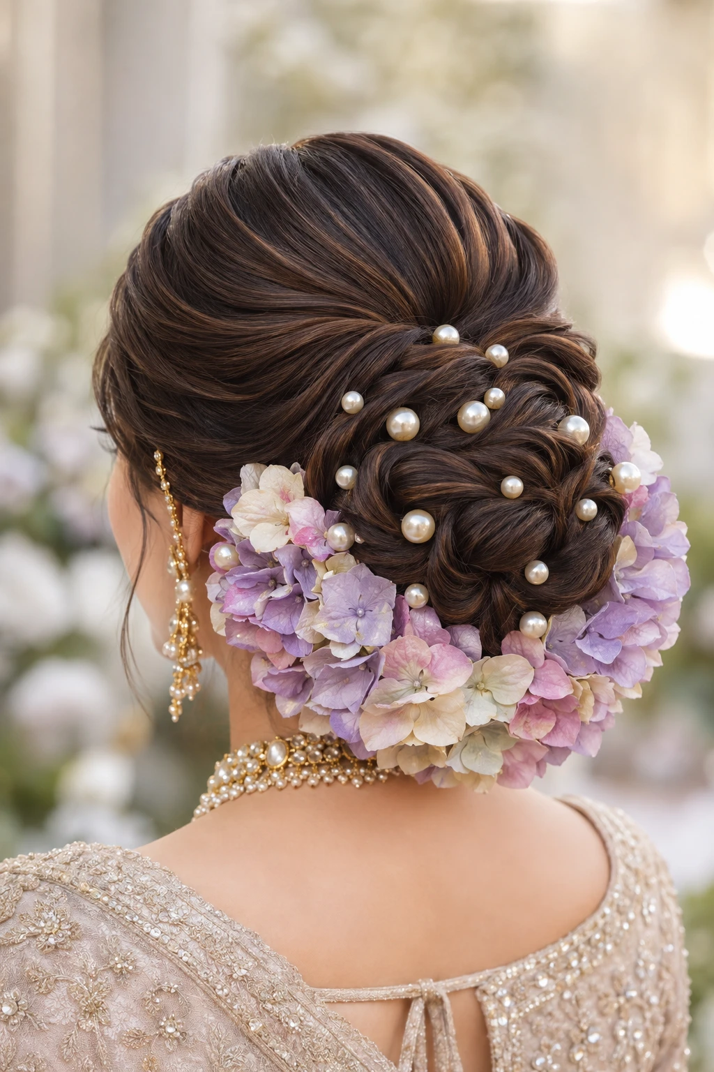 Twisted Bun with Pearls and Pastel Hydrangeas