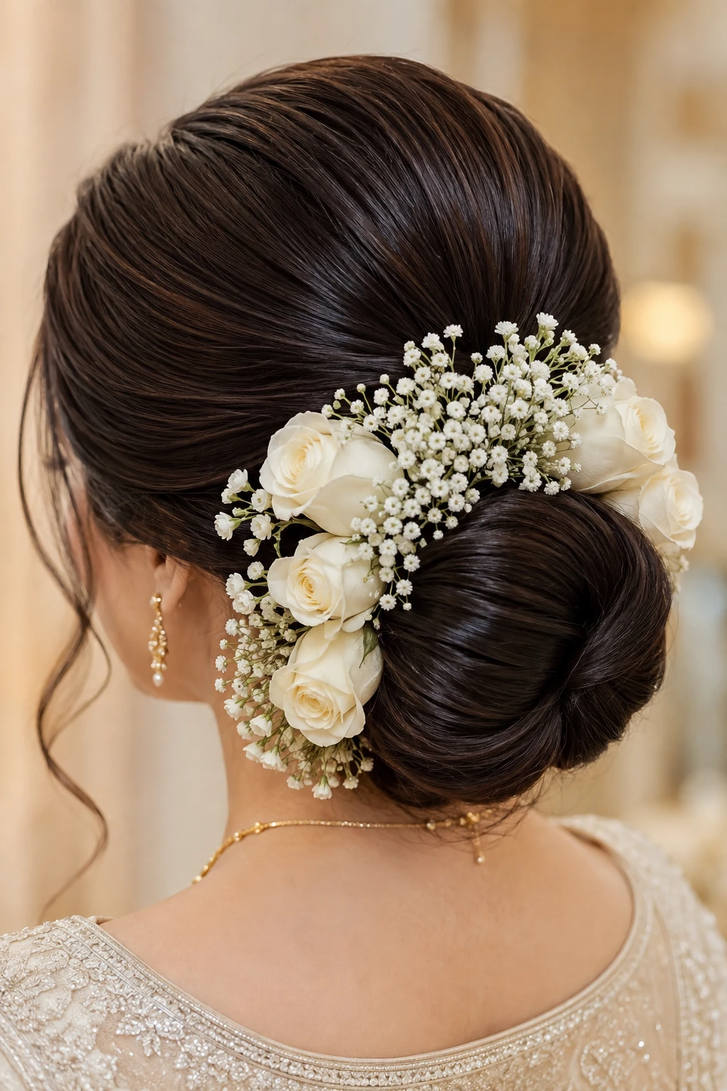 Sleek Low Bun with White Roses and Baby's Breath